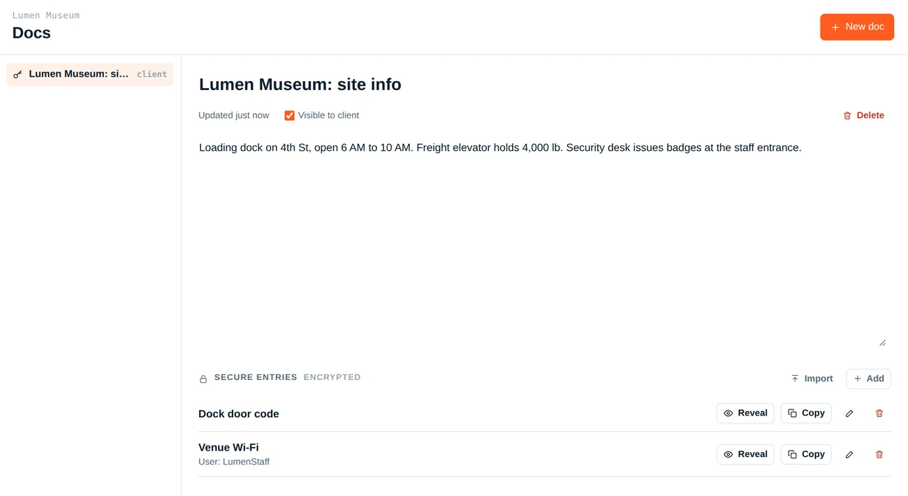 Docs and site credentials in Gantline