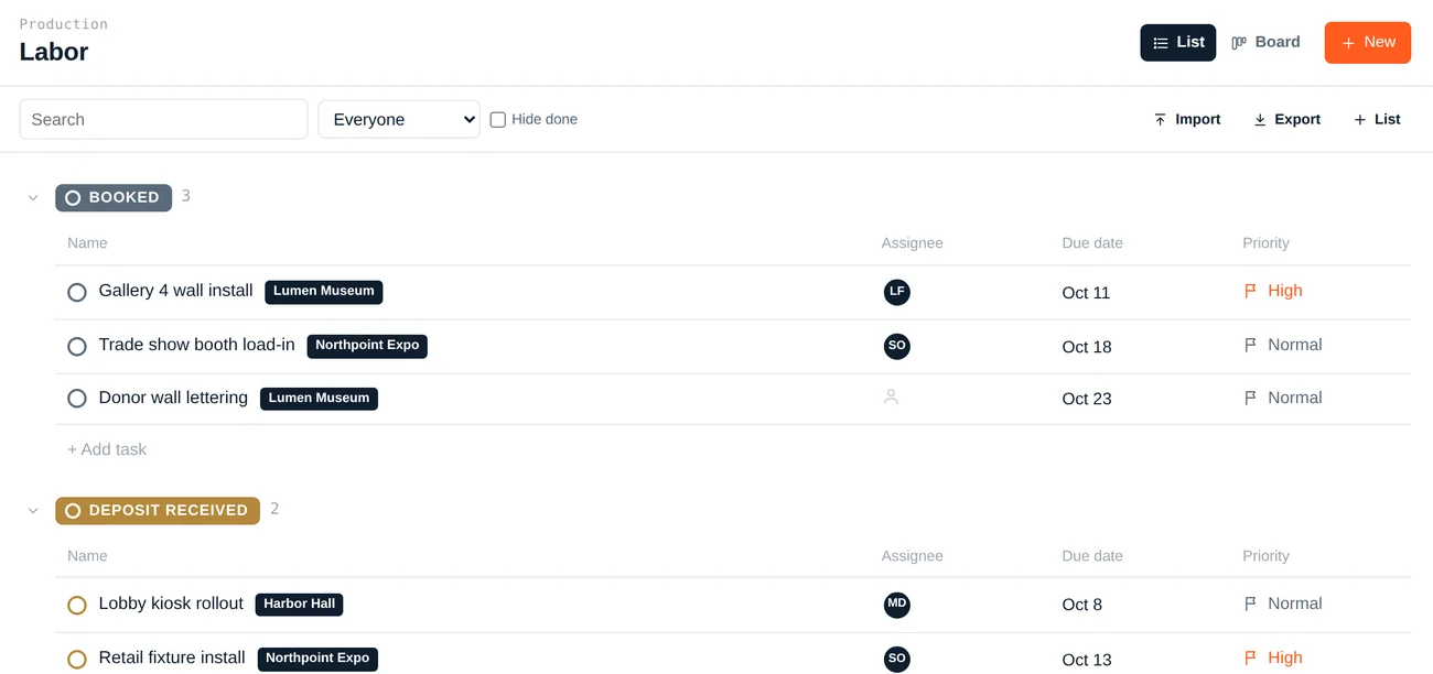 Board and list views in Gantline