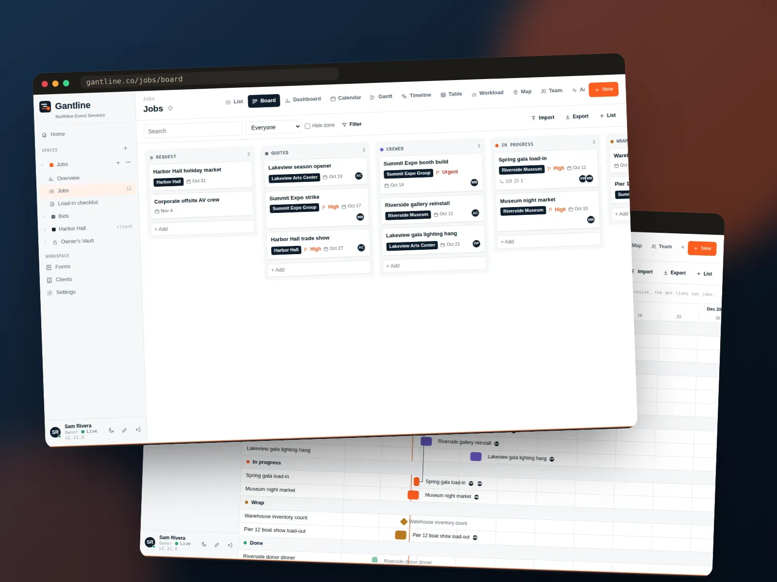 The Gantline job board with the Gantt view behind it